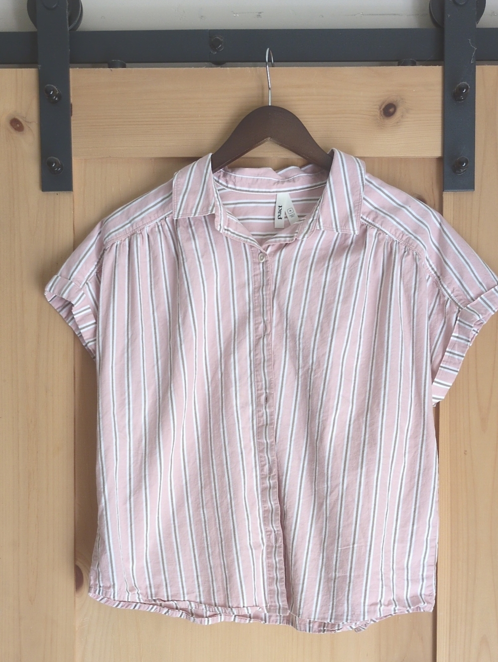 Pact Pink and White Striped Short-Sleeve Button-Down Shirt